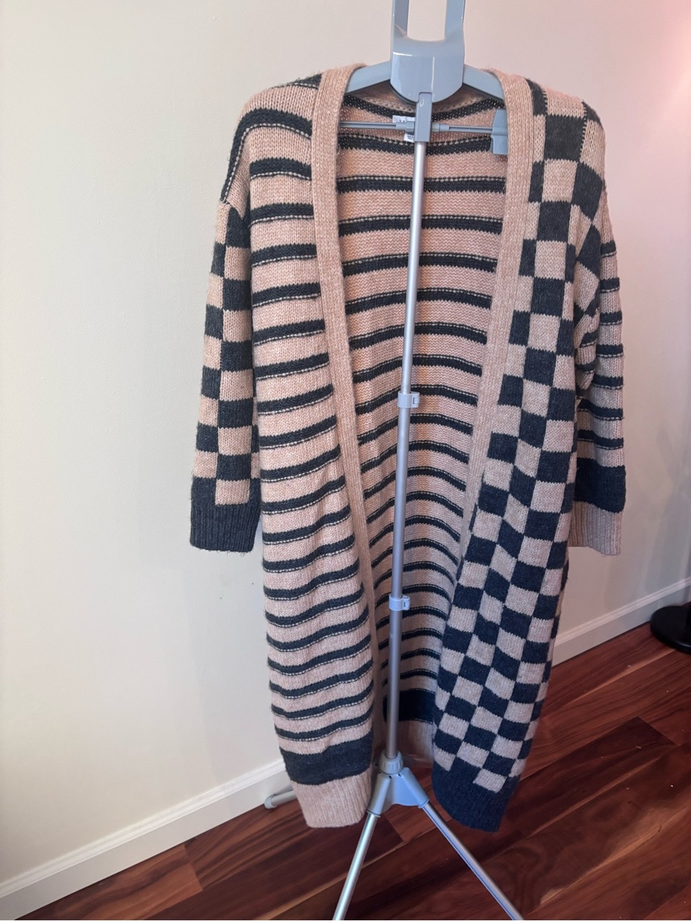 Beige and Black Striped & Checkered Open Cardigan Sweater